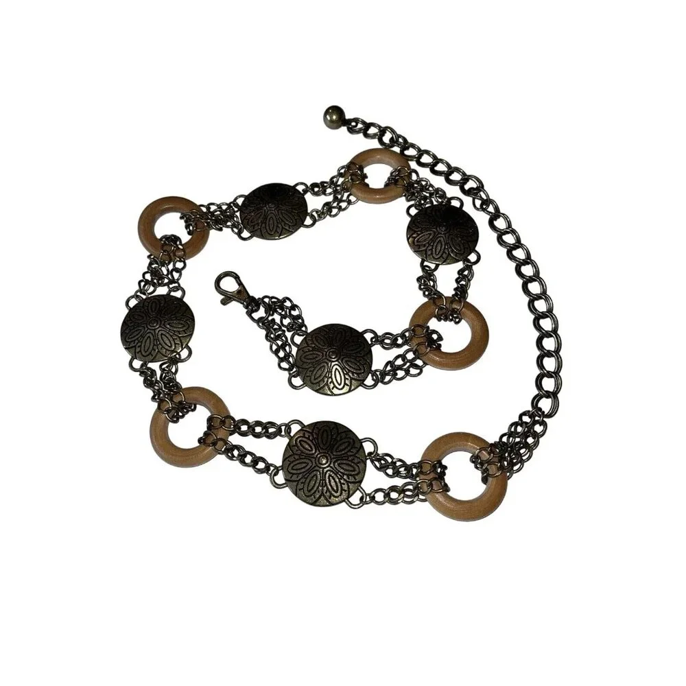 Engraved Gold Antique Brass Disc Wood Ring BOHO Hippie Festival Chain Belt 35